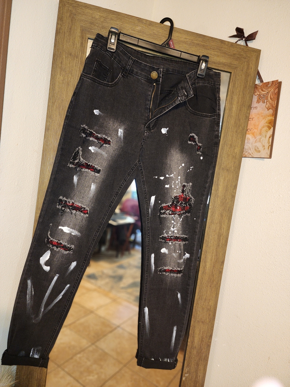 Distressed Black Women’s Jeans with Red Sequin Accents